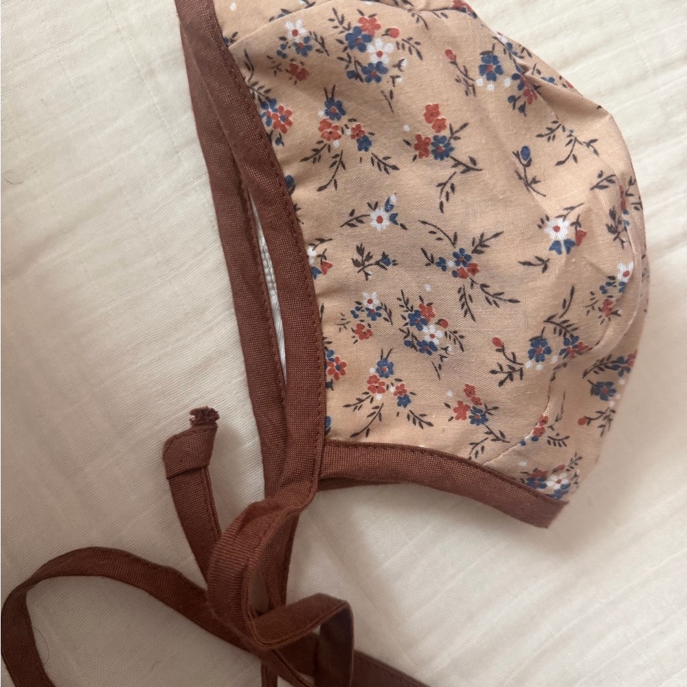 Reversible Cotton Floral Baby Bonnet with Brown Trim